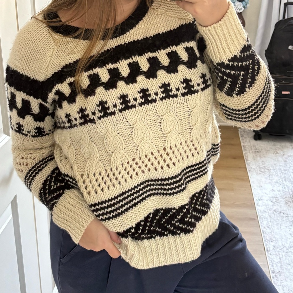 Cozy Cable Knit Cream and Black Patterned Sweater